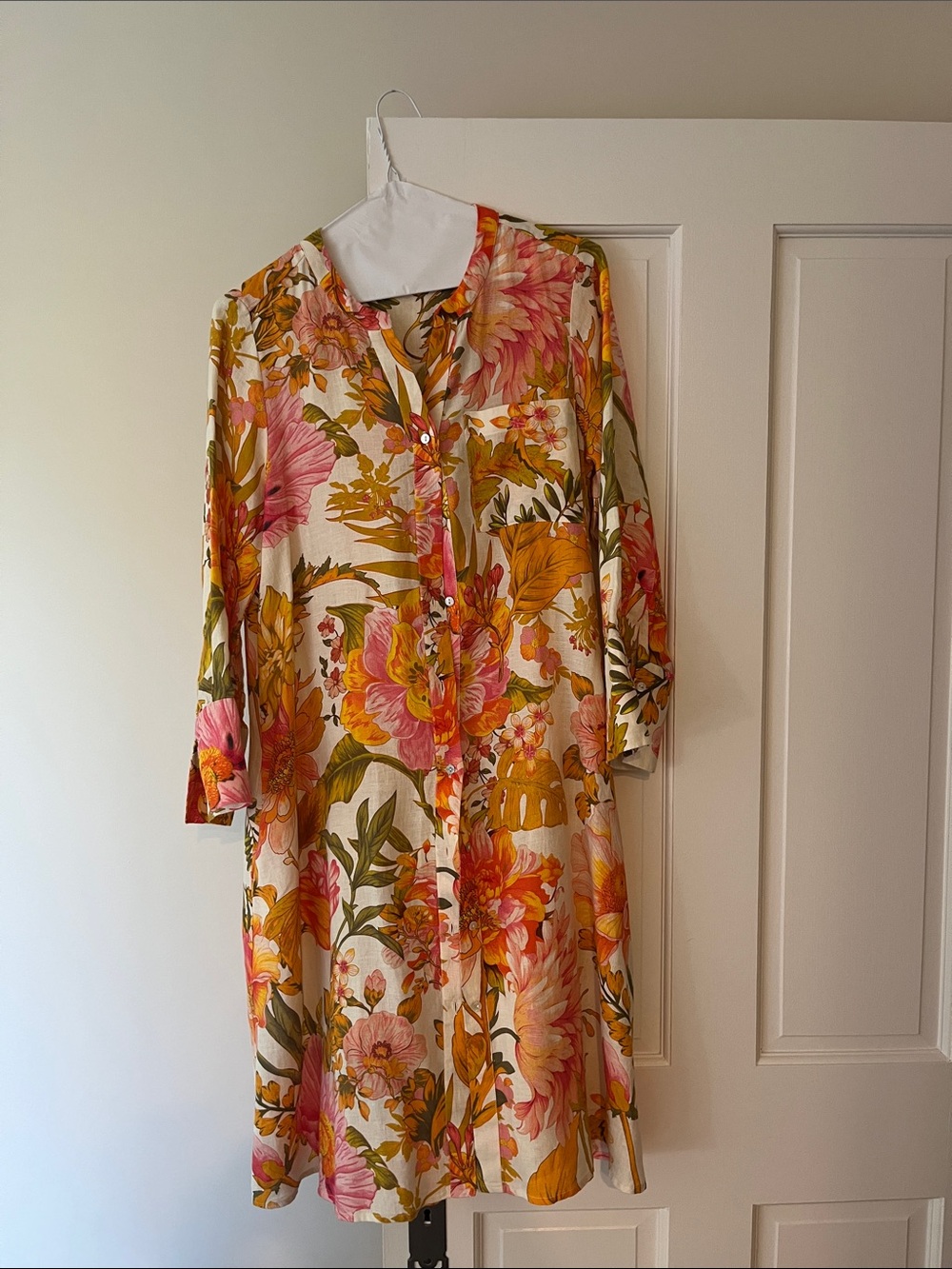 Floral Button-Front Midi Dress in Cream with Pink & Mustard Bloom